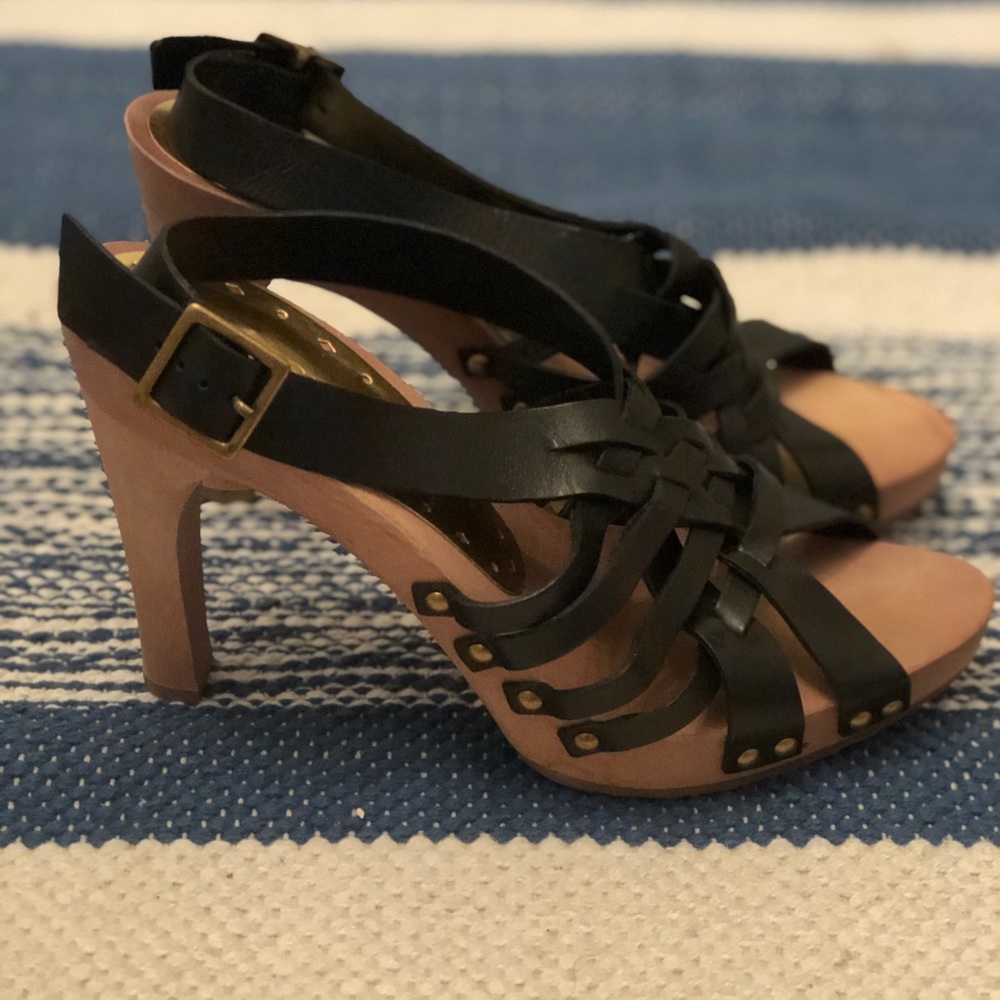BCBGirls Leather Black Strappy Sandal Heels